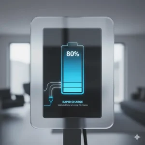 A digital display showing a battery icon at 80% charge for a fast charging electric bike with an estimated remaining time.