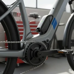 Detailed view of the mid-drive motor, chainset, and charging port on a grey fast charging electric bike frame.
