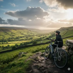 A cyclist resting with a fast charging electric bike on a stone wall overlooking a green valley in the Peak District at sunset.