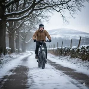 Stability of a fat tyre electric bike being ridden through light snow on a paved path.