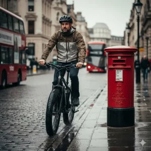 A commuter riding a black fat tyre electric bike past a traditional red post box in a UK city.