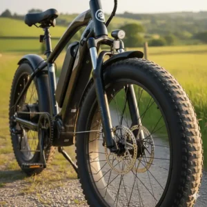 Close-up of the front suspension forks and hydraulic disc brakes on a fat tyre e-bike.