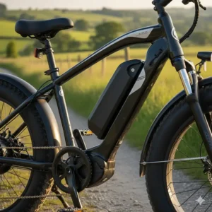Detail shot of a long-range removable battery on a fat tyre e-bike frame.