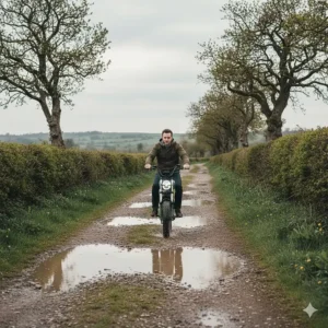 A moped-style electric bike with fat tyres tackling a muddy rural UK bridleway.