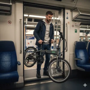 A commuter boarding a British train carrying a compact folding EAPC electric bike to demonstrate multi-modal travel in the UK.