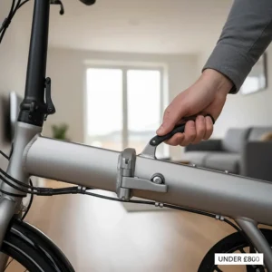 Close-up of the robust folding hinge and locking mechanism on an electric bike designed for easy storage in UK homes.