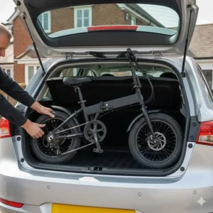 A compact folding fat tyre electric bike being placed into the boot of a hatchback car.