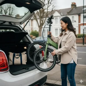 A compact, folding lightweight electric bike under 20kg being tucked into a small car boot.