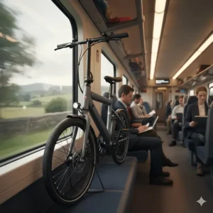 Alt text for image 6: A modern folding long range electric bike neatly tucked into the designated cycle storage area of a British passenger train.