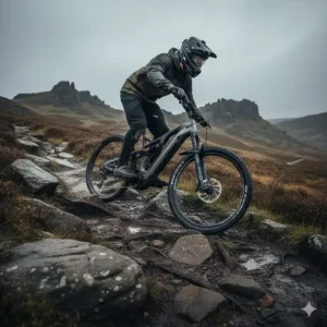 An eMTB rider using motor assistance to navigate a steep, rocky technical climb in the Peak District.