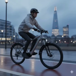 A versatile hardtail electric mountain bike being used for an urban commute on a paved cycle path.