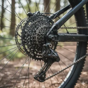 Close-up of the wide-range gear system and derailleur on a hardtail electric mountain bike for efficient hill climbing.