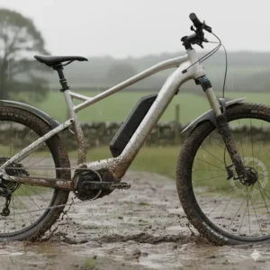 A hardtail electric mountain bike equipped with mudguards tackling a wet and muddy track in the British countryside.