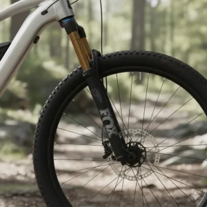 Detailed view of the 120mm front suspension forks on a hardtail e-mtb designed for absorbing bumps on rocky paths.
