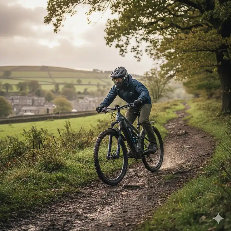 A rider on a hardtail electric mountain bike navigating a scenic forest trail in the Peak District.