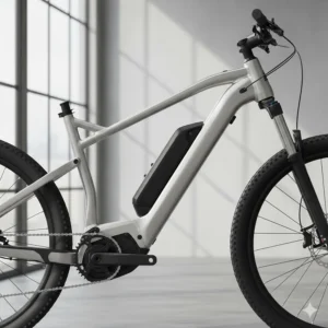 Side profile of a lightweight alloy hardtail electric mountain bike showing the battery integrated into the downtube.