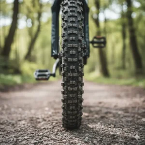 Close-up of high-grip knobbly tyres on a hardtail electric mountain bike, suitable for loose gravel and dirt trails.