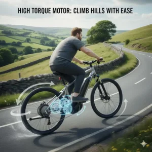 Illustration of a mid-drive electric bike motor providing high torque for easier hill climbing in the UK.
