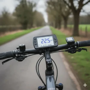 Alt text for image 6 Digital handlebar display on a hybrid electric bike showing speed in mph and remaining battery range for the rider.