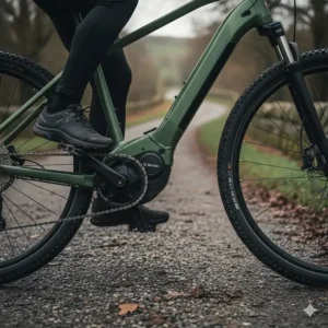 Alt text for image 2 Close-up of a powerful mid-drive motor on a hybrid electric bike designed for assisted hill climbing on varied terrain.