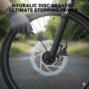 Close-up of hydraulic disc brakes on an electric bike, essential for stopping safely with a heavier load.