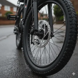 Alt text for image 7 Detailed shot of hydraulic disc brakes on a hybrid electric bike, providing reliable stopping power in wet UK weather conditions.