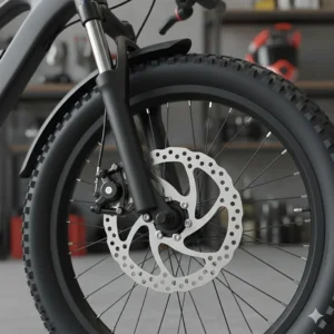 Detailed view of the responsive disc brakes on a high-quality kids electric bike for better stopping power.