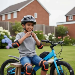 A child putting on a safety helmet and knee pads before riding their kids electric bike.