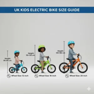 A size chart comparing different kids electric bike models against a child's height in centimetres.