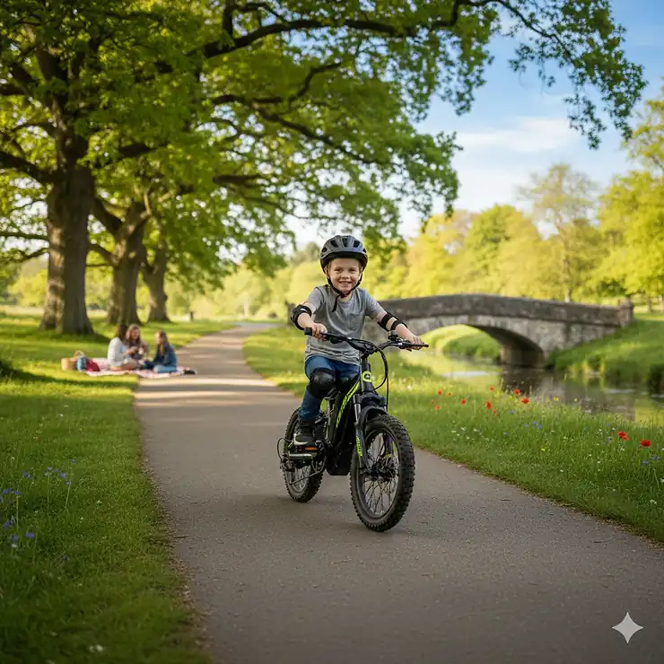 A young child wearing a safety helmet riding a kids electric bike on a paved path in a British park. kids electric bike