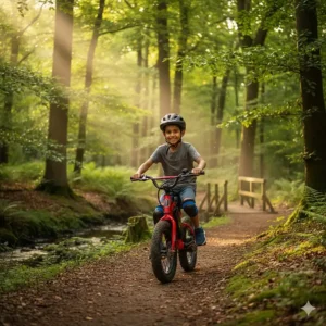 A child riding a red kids electric bike through a leafy British woodland trail.