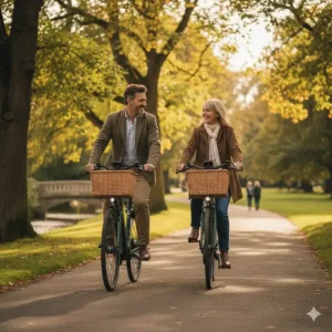 A couple enjoying a weekend cycle ride on step-through electric bikes through a leafy British park.