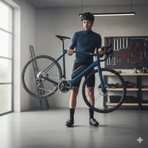 A lightweight carbon fibre electric road bike being lifted easily, showcasing the portability of modern e-bike technology.