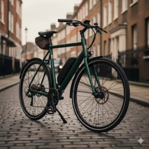A lightweight electric bike under 20kg equipped with full-length mudguards and hydraulic disc brakes for UK weather.