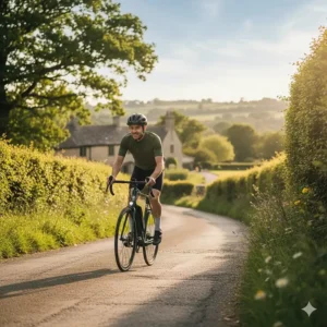 A cyclist effortlessly riding a lightweight electric road bike up a steep British country lane.