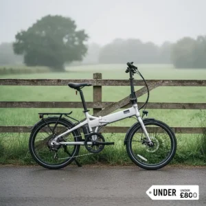 A side view of a folding electric bike under £800 fitted with essential mudguards and lights for riding in British weather.