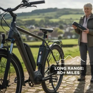 Graphic showing a removable lithium-ion battery on an e-bike, indicating a long range suitable for day trips in the British hills.