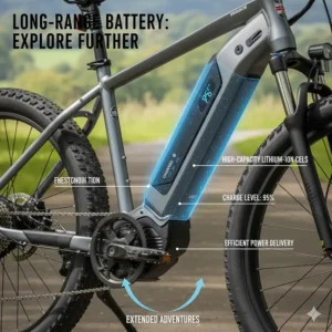 Illustration showing a high-capacity electric bike battery pack suitable for longer rides for heavier cyclists.