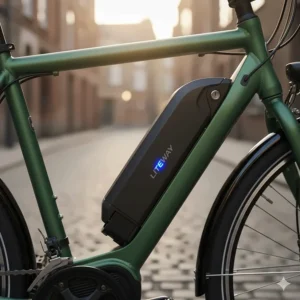A close-up of a removable lithium-ion battery on a women's e-bike, highlighting its sleek integration into the down tube.