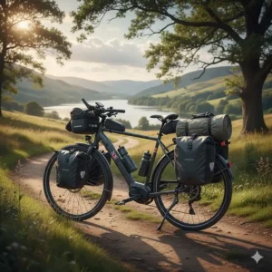 Alt text for image 8: A long range electric bike fully loaded with waterproof panniers and mudguards, ready for a touring holiday in the Lake District.
