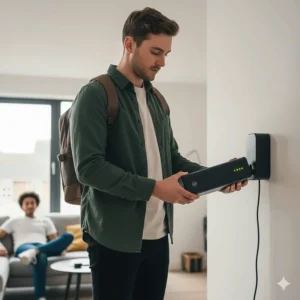 A rider holding a removable battery pack for a moped-style electric bike, ideal for charging in UK flats.