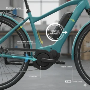 A technical diagram of a mid-drive motor on a ladies' electric bike, explaining its balanced centre of gravity.