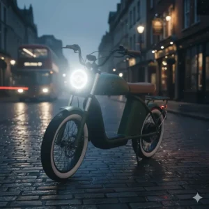 Bright LED circular headlight on a moped-style e-bike for night riding on a wet British street.
