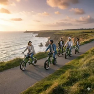 A group of friends riding moped-style electric bikes along a scenic British coastal path at sunset.
