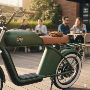 Close-up of a tan bench-style saddle on a vintage-inspired moped electric bike parked at a cafe.