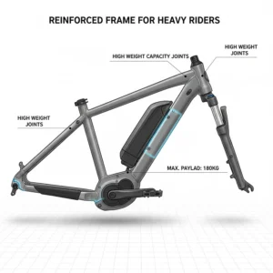 Diagram of a reinforced aluminium e-bike frame showing high weight capacity joints for a heavy person.