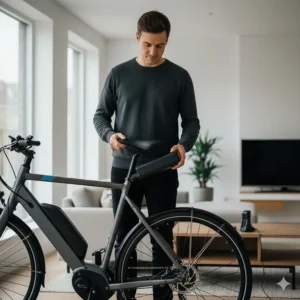 A man in a modern UK flat removing a portable battery pack from a fast charging electric bike for indoor charging.