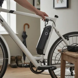 Alt text for image 3 A cyclist removing a lithium-ion battery from a hybrid electric bike frame to charge it safely inside a UK home.