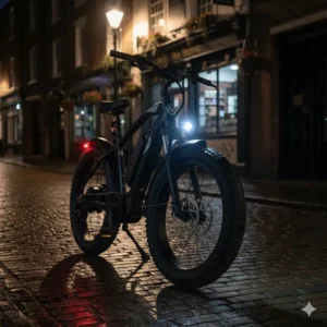 An EN15194 compliant fat tyre electric bike with integrated LED headlamps for night riding.