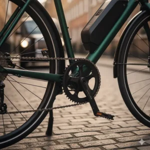 Close-up of a discreet mid-drive motor on a lightweight electric bike, designed to look like a conventional bicycle.